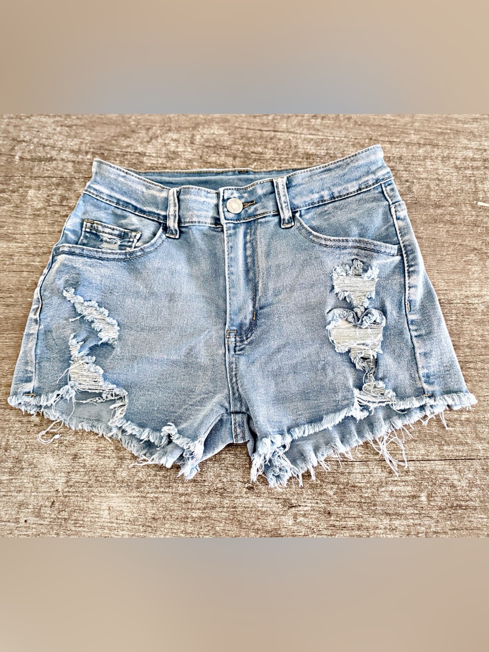 SHEIN High-Rise Distressed Denim Shorts ~ Size 4 ~ Raw Frayed Hem ~ Like New
